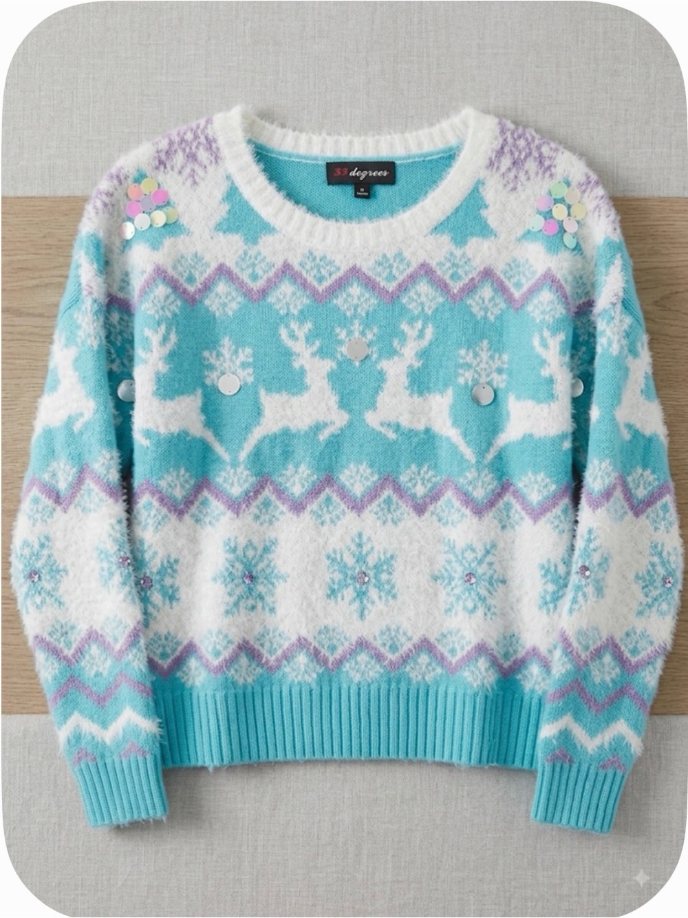 33 DEGREES Reindeer Graphic Sweater, Women’s XL, Blue White Purple
